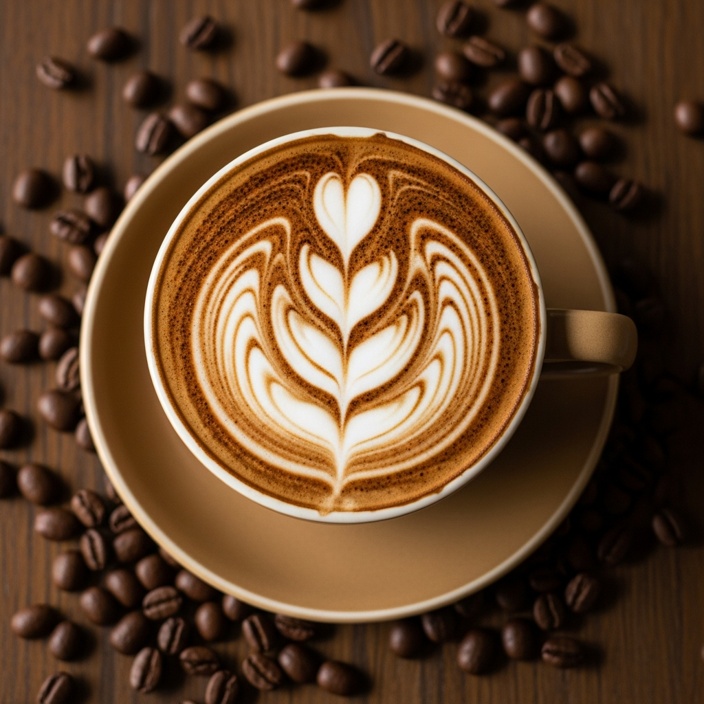 Latte art in a coffee cup on a saucer